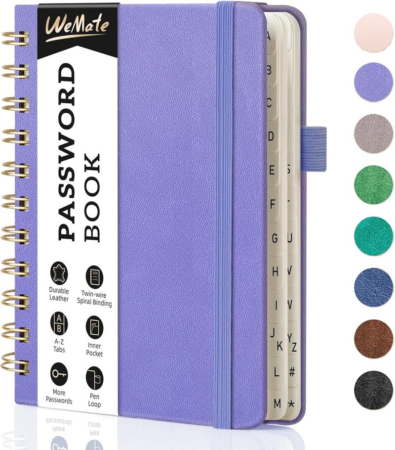 WEMATE Password Book with Alphabetical Tabs, Spiral Password Keeper Book for Seniors, Internet Password Notebook Password Journal Logbook Log in Detail, Small – 4.7''x 6'' (Purple) - Image 1